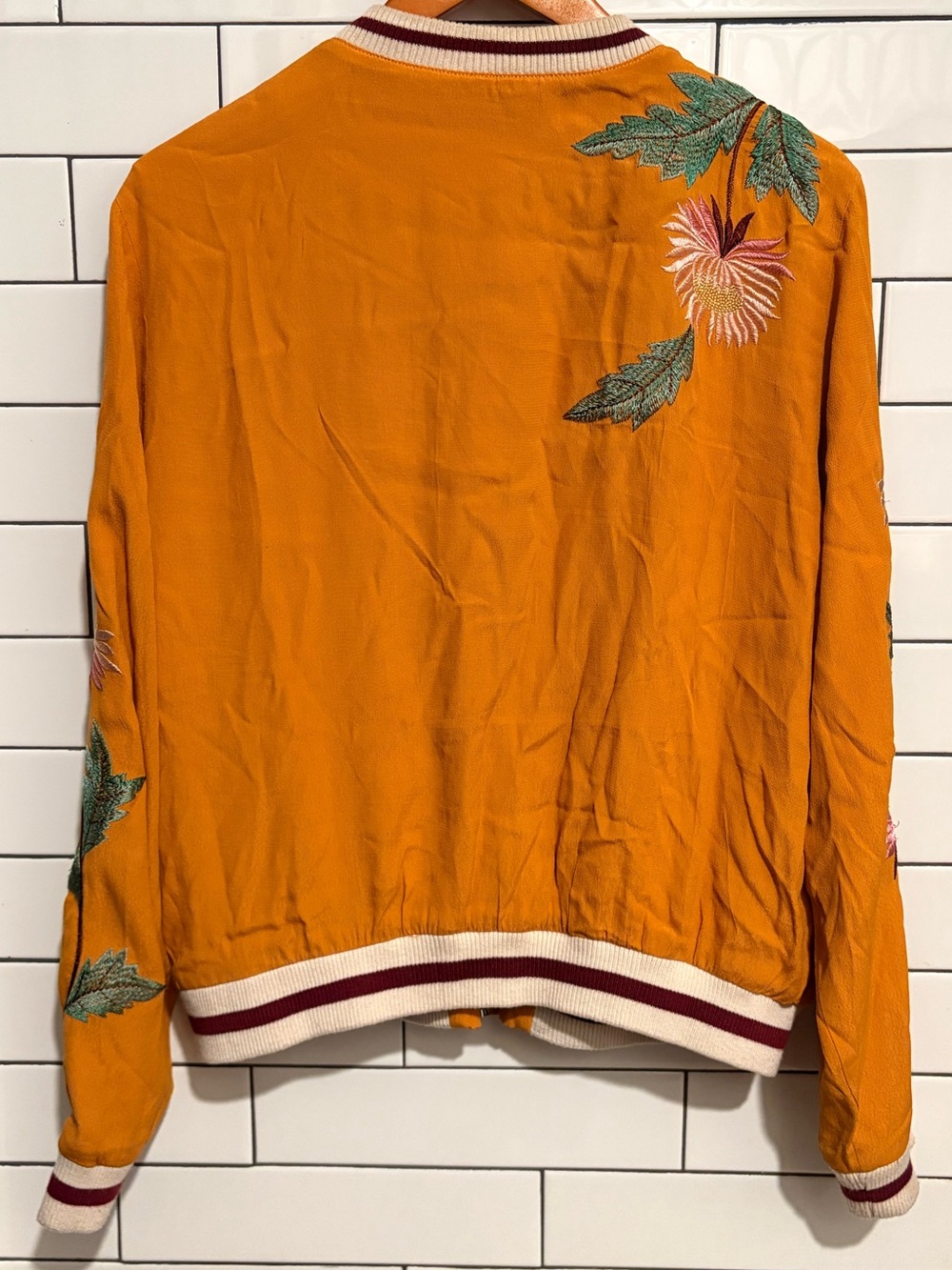 Anthropologie Solstice Mustard Floral Embroidered Bomber Jacket L - Picture 7 of 9